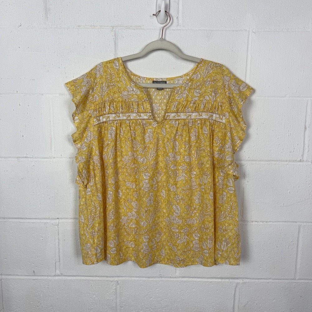 Falls Creek Peasant Top Plus SZ 2X Butter Yellow Floral Romantic Ruffles Garden